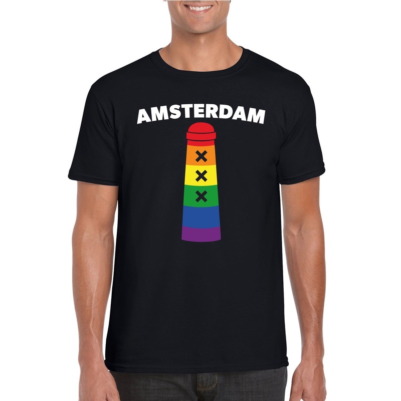 Gay pride amsterdam shirt zwart met regenboog amsterdammertje heren