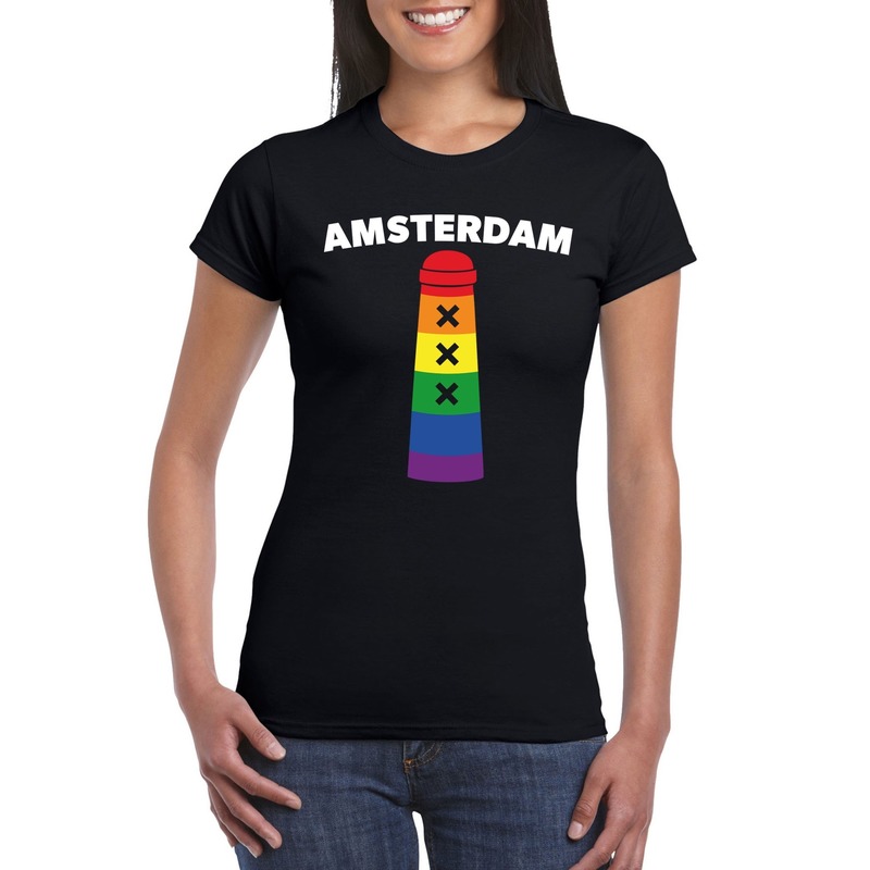 Gay pride amsterdam shirt zwart met regenboog amsterdammertje dames